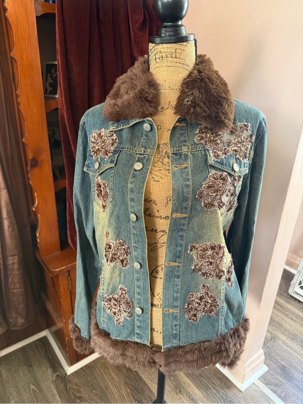 Baccini Blue Denim Jacket with Brown Faux-Fur Trim